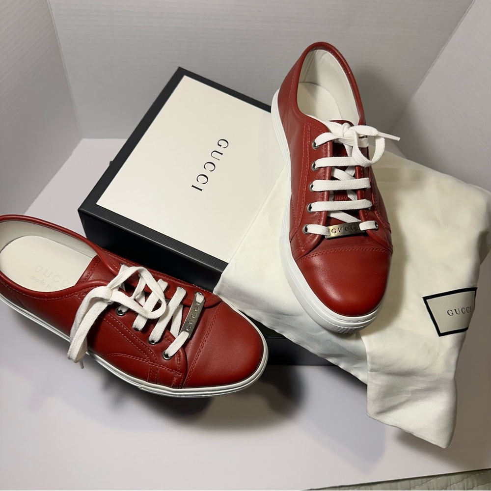 Gucci Red Leather Women's Low-Top Sneakers with White Soles and Laces